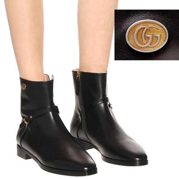 GUCCI BOOTS BLACK LEATHER DOUBLE G LOGO ROSIE ANKLE BOOTIES 40.5 / US 10.5 - Picture 1 of 16